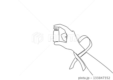 Single continuous line drawing hand holds medical glass vial or vaccine bottle with red ribbon on wrist. Vaccination. Treatment. National HIV Vaccine Awareness Day. One line design vector illustration Single continuous line drawing hand holds medical glass vial or vaccine bottle with red ribbon on wrist. Vaccination. Treatment. National HIV Vaccine Awareness Day. One line design vector illustration 133847352