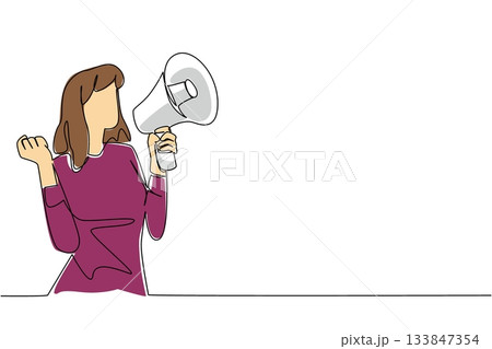Single continuous line drawing woman in casual clothes holding a megaphone and shouting. Look fashionable when giving announcements. Cheer. National Be Heard Day. One line design vector illustration Single continuous line drawing woman in casual clothes holding a megaphone and shouting. Look fashionable when giving announcements. Cheer. National Be Heard Day. One line design vector illustration 133847354
