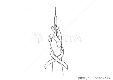 Single one line drawing hand holding an injection with a red ribbon on the wrist. Doctor. Solidarity. Healing action. National HIV Vaccine Awareness Day. Continuous line design graphic illustration 133847355