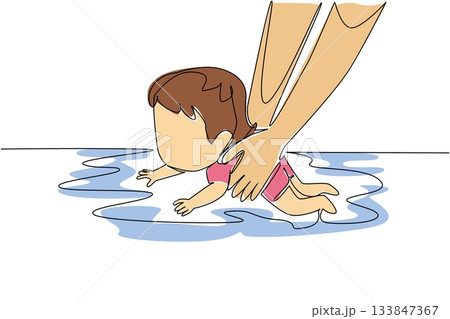 Continuous one line drawing hand holding baby girl learning to swim. Practice. Full supervision to avoid the worst. Instructor. National Learn to Swim Day. Single line draw design vector illustration 133847367