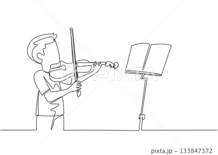 Single continuous line drawing a little boy playing the violin in front of the note stand. First day of the course. Soaking up every note. Sound. World Fiddle Day. One line design vector illustration Single continuous line drawing a little boy playing the violin in front of the note stand. First day of the course. Soaking up every note. Sound. World Fiddle Day. One line design vector illustration 133847372