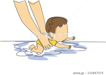 Single continuous line drawing hand holding baby boy learning to swim. Trained and trusted instructors. Train patiently. Exercise. National Learn to Swim Day. One line design vector illustration Single continuous line drawing hand holding baby boy learning to swim. Trained and trusted instructors. Train patiently. Exercise. National Learn to Swim Day. One line design vector illustration 133847373