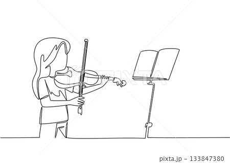 Continuous one line drawing a girl playing the violin in front of the note stand. Study and absorb. Basic tone. Exciting performance. World Fiddle Day. Single line draw design vector illustration Continuous one line drawing a girl playing the violin in front of the note stand. Study and absorb. Basic tone. Exciting performance. World Fiddle Day. Single line draw design vector illustration 133847380