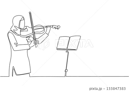 Single one line drawing an Arab woman playing the violin in front of the note stand. The first solo concert by a Muslim woman. Excited. World Fiddle Day. Continuous line design graphic illustration 133847383