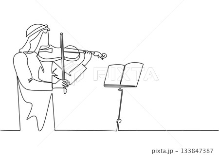 Continuous one line drawing an Arab man playing the violin in front of the note stand. Memorizing the scales for a perfect concert. Sound. World Fiddle Day. Single line draw design vector illustration 133847387