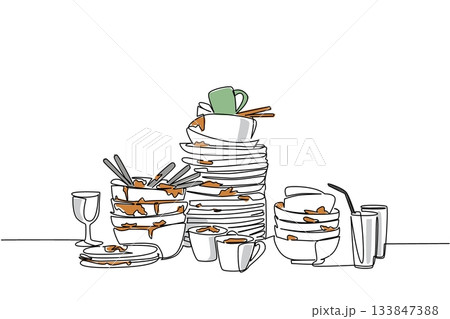 Continuous one line drawing pile of dirty plates, bowls, mugs and cups. Large family meal with invited guests. Manual washing. National No Dirty Dishes Day. Single line draw design vector illustration Continuous one line drawing pile of dirty plates, bowls, mugs and cups. Large family meal with invited guests. Manual washing. National No Dirty Dishes Day. Single line draw design vector illustration 133847388