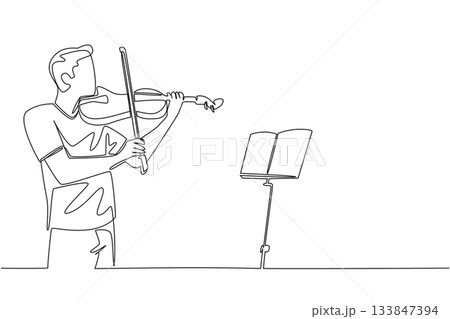 Continuous one line drawing man in casual clothes is playing the violin in front of the note stand. The perfect dress rehearsal. Musician. World Fiddle Day. Single line draw design vector illustration Continuous one line drawing man in casual clothes is playing the violin in front of the note stand. The perfect dress rehearsal. Musician. World Fiddle Day. Single line draw design vector illustration 133847394