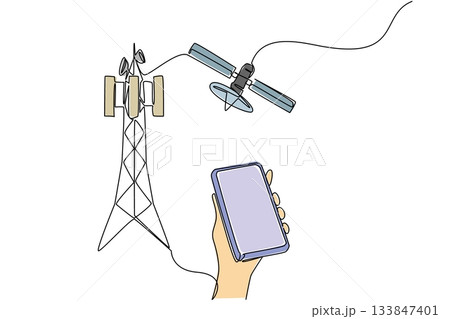 Continuous one line drawing hand holds smartphone and pointing at transmitter tower. Progress of times. World Telecommunication and Information Society Day. Single line draw design vector illustration 133847401