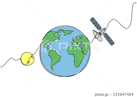 Single continuous line drawing globe with satellite on it. Technology for human convenience. Science. Digital. World Telecommunication and Information Society Day. One line design vector illustration Single continuous line drawing globe with satellite on it. Technology for human convenience. Science. Digital. World Telecommunication and Information Society Day. One line design vector illustration 133847404