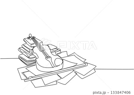Single one line drawing violin on sheets of notation and stacks of old books. Looking inspiration for melodious tunes. Soothing chants. World Fiddle Day. Continuous line design graphic illustration 133847406