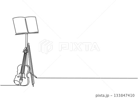 Single continuous line drawing violin with its strings leaning against the note stand. The violinist put down the instrument to rest. Composer. World Fiddle Day. One line design vector illustration 133847410