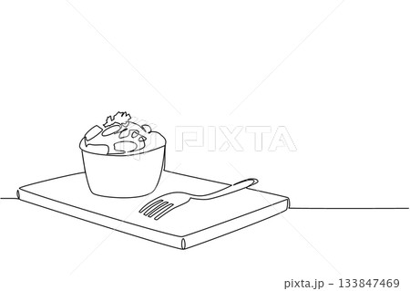 Single continuous line drawing a cheese souffle with celery in a bowl on a wooden chopping board and fork. Still warm. Enjoy now. National Cheese Souffle Day. One line design vector illustration Single continuous line drawing a cheese souffle with celery in a bowl on a wooden chopping board and fork. Still warm. Enjoy now. National Cheese Souffle Day. One line design vector illustration 133847469