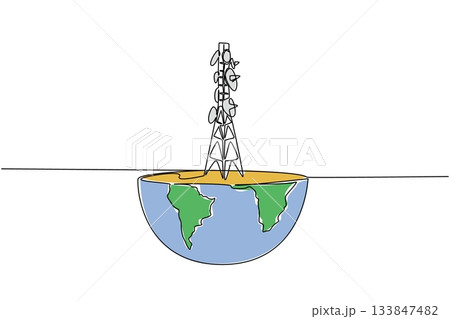 Single one line drawing half globe cutout with transmitter tower on top. Technology needs. Radio. Data. World Telecommunication and Information Society Day. Continuous line design graphic illustration Single one line drawing half globe cutout with transmitter tower on top. Technology needs. Radio. Data. World Telecommunication and Information Society Day. Continuous line design graphic illustration 133847482