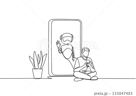Single one line drawing man sits cross legged holds a smartphone and big smartphone with robot. Consumer convenience. International Virtual Assistants Day. Continuous line design graphic illustration 133847483
