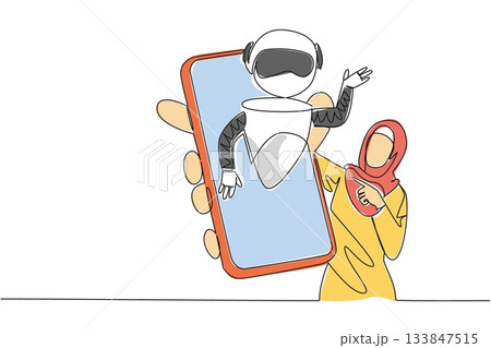 Single one line drawing Arab woman holds smartphone with robot coming out of screen. Explore the latest smartphones. International Virtual Assistants Day. Continuous line design graphic illustration Single one line drawing Arab woman holds smartphone with robot coming out of screen. Explore the latest smartphones. International Virtual Assistants Day. Continuous line design graphic illustration 133847515