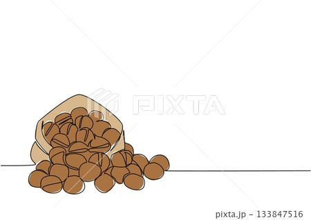 Single continuous line drawing walnuts in a paper bag and some scattered. Tens or even hundreds of walnuts from the harvest. High in nutrition. National Walnut Day. One line design vector illustration 133847516