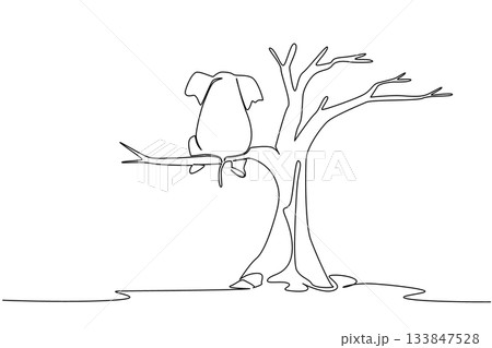 Single one line drawing elephant sitting on large dry tree branch. Massive poaching targets ivory. Climate change. Extinct. National Endangered Species Day. Continuous line design graphic illustration 133847528