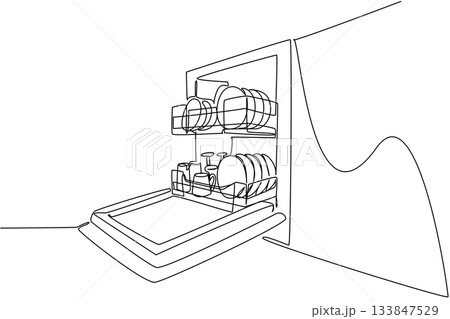 Single continuous line drawing rows of plates, bowls, glasses, mugs in an open dishwasher. Clean and neat kitchen layout. Modern. National No Dirty Dishes Day. One line design vector illustration Single continuous line drawing rows of plates, bowls, glasses, mugs in an open dishwasher. Clean and neat kitchen layout. Modern. National No Dirty Dishes Day. One line design vector illustration 133847529