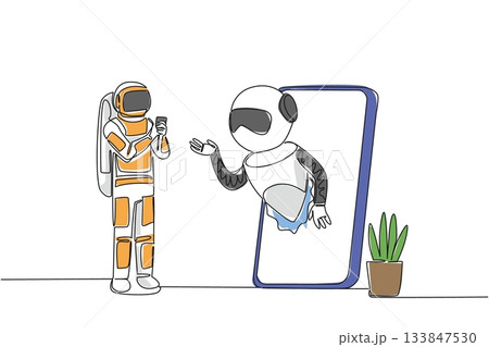 Single continuous line drawing astronaut stands holds a smartphone and robot comes out of large smartphone. Asking the risk. International Virtual Assistants Day. One line design vector illustration Single continuous line drawing astronaut stands holds a smartphone and robot comes out of large smartphone. Asking the risk. International Virtual Assistants Day. One line design vector illustration 133847530