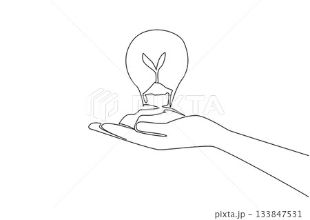 Single continuous line drawing hands holds mound of soil planted with tree shoots and inside bulb lamp. Keep protecting nature. Sustainable. World Plant Power Day. One line design vector illustration Single continuous line drawing hands holds mound of soil planted with tree shoots and inside bulb lamp. Keep protecting nature. Sustainable. World Plant Power Day. One line design vector illustration 133847531