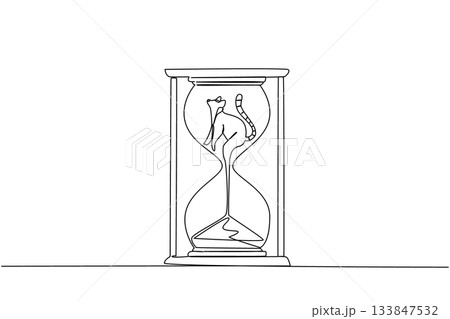 Single continuous line drawing lower body of the lemur is sucked by the sand in the hourglass. The forest is severely damaged. National Endangered Species Day. One line design vector illustration 133847532