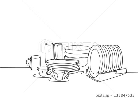Single one line drawing rows of plates, bowls, mugs and cups. Arrange carefully. Order. According to function. Dinner event. National No Dirty Dishes Day. Continuous line design graphic illustration 133847533