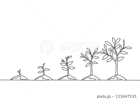 Continuous one line drawing 5 phases of tree growth with soil mounds. Symbolism of new and renewable energy. Protect the environment. World Plant Power Day. Single line draw design vector illustration 133847535