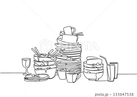 Continuous one line drawing pile of dirty plates, bowls, mugs and cups. Large family meal with invited guests. Manual washing. National No Dirty Dishes Day. Single line draw design vector illustration Continuous one line drawing pile of dirty plates, bowls, mugs and cups. Large family meal with invited guests. Manual washing. National No Dirty Dishes Day. Single line draw design vector illustration 133847538