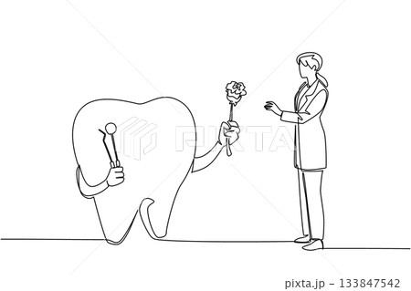 Continuous one line drawing big teeth have hands giving roses to female doctors. Symbolism of gratitude. Maintaining oral health. National Dentist Day. Single line draw design vector illustration Continuous one line drawing big teeth have hands giving roses to female doctors. Symbolism of gratitude. Maintaining oral health. National Dentist Day. Single line draw design vector illustration 133847542
