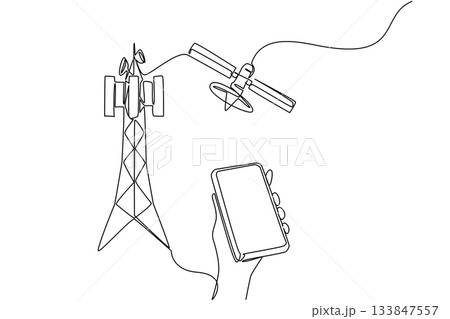 Continuous one line drawing hand holds smartphone and pointing at transmitter tower. Progress of times. World Telecommunication and Information Society Day. Single line draw design vector illustration Continuous one line drawing hand holds smartphone and pointing at transmitter tower. Progress of times. World Telecommunication and Information Society Day. Single line draw design vector illustration 133847557