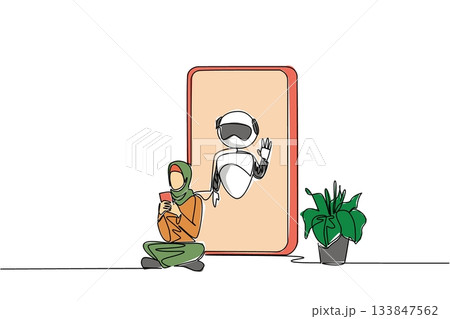 Single one line drawing Arab woman sits cross legged holds smartphone and big smartphone with robot. High technology. International Virtual Assistants Day. Continuous line design graphic illustration Single one line drawing Arab woman sits cross legged holds smartphone and big smartphone with robot. High technology. International Virtual Assistants Day. Continuous line design graphic illustration 133847562