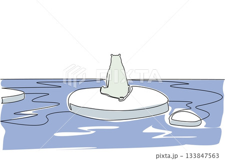 Continuous one line drawing polar bear sitting on a piece of ice. Human behavior creates global warming. Habitat loss. National Endangered Species Day. Single line draw design vector illustration Continuous one line drawing polar bear sitting on a piece of ice. Human behavior creates global warming. Habitat loss. National Endangered Species Day. Single line draw design vector illustration 133847563