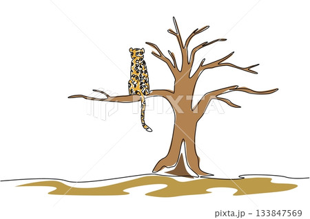 Continuous one line drawing leopard sitting on dry tree branch. Environmental damage everywhere. Extinction is imminent. National Endangered Species Day. Single line draw design vector illustration 133847569