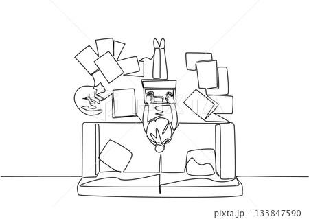 Single one line drawing woman sits on floor typing on laptop with papers scattered around and cat lying down. Very busy day. National Work From Home Day. Continuous line design graphic illustration Single one line drawing woman sits on floor typing on laptop with papers scattered around and cat lying down. Very busy day. National Work From Home Day. Continuous line design graphic illustration 133847590