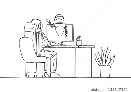 Single continuous line drawing astronaut faces monitor and from monitor screen a robot comes out. Astronaut asking for help. International Virtual Assistants Day. One line design vector illustration Single continuous line drawing astronaut faces monitor and from monitor screen a robot comes out. Astronaut asking for help. International Virtual Assistants Day. One line design vector illustration 133847592