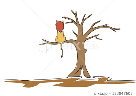 Continuous one line drawing lion is sitting on a big dry tree branch. The food chain is slowly changing. Bad adaptation. National Endangered Species Day. Single line draw design vector illustration 133847603