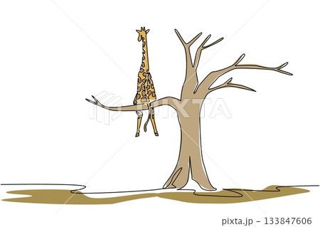 Single one line drawing giraffe sitting on a big dry tree branch. Loss of natural habitat. Climate change is too extreme. National Endangered Species Day. Continuous line design graphic illustration 133847606