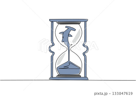 Continuous one line drawing lower body of hammerhead shark is sucked by the sand in the hourglass. Excessive fin hunting. National Endangered Species Day. Single line draw design vector illustration 133847619