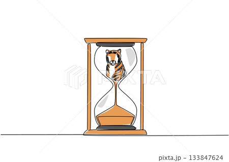 Continuous one line drawing the bottom of the tiger is sucked into the hourglass. Habitat loss due to deforestation. Save. National Endangered Species Day. Single line draw design vector illustration Continuous one line drawing the bottom of the tiger is sucked into the hourglass. Habitat loss due to deforestation. Save. National Endangered Species Day. Single line draw design vector illustration 133847624