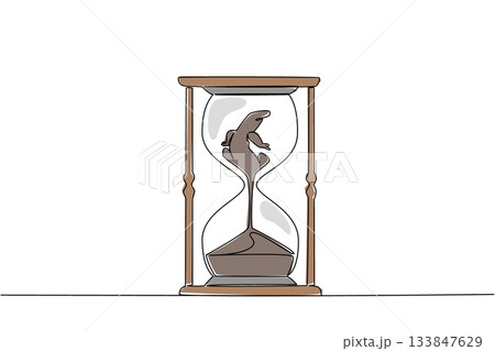 Single continuous line drawing lower body of komodo dragon is sucked by the sand in the hourglass. Habitat destruction. Extinct. National Endangered Species Day. One line design vector illustration 133847629