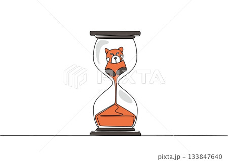 Single continuous line drawing lower body of red panda is sucked by the sand in the hourglass. Climate change causes habitat loss. National Endangered Species Day. One line design vector illustration 133847640