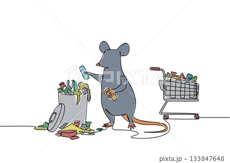 Single continuous line drawing rats throw rubbish from the box in the trolley into the trash can. Throw garbage in its place. Environment. National Pack Rat Day. One line design vector illustration Single continuous line drawing rats throw rubbish from the box in the trolley into the trash can. Throw garbage in its place. Environment. National Pack Rat Day. One line design vector illustration 133847648