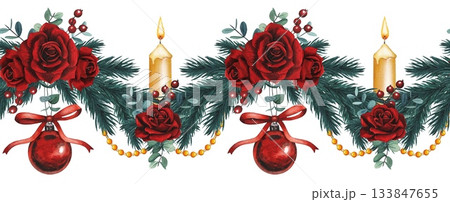 Hand drawn Christmas seamless border with fir branches, red roses, candles, fir tree decorations. Watercolor  133847655