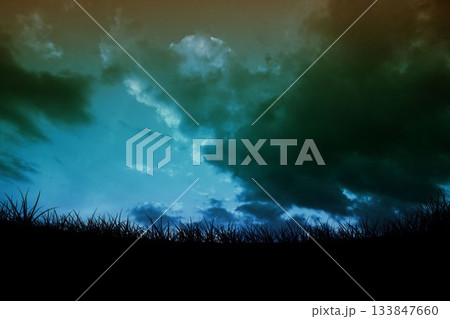 Silhouette of tall grass is lining moody meadow horizon in flat design, with rolling clouds Silhouette of tall grass is lining moody meadow horizon in flat design, with rolling clouds 133847660