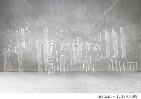 White chalk line drawing of city skyline is spanning grey concrete wall, showing arrows and circles White chalk line drawing of city skyline is spanning grey concrete wall, showing arrows and circles 133847699
