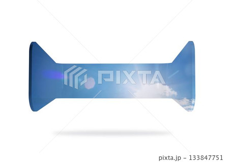 Sky-textured bar shape is floating above white floor, flat design featuring lens flare, copy space 133847751
