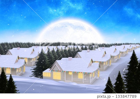 Row of holiday cabins is glowing in vector flat design winter night scene, with string lights 133847789