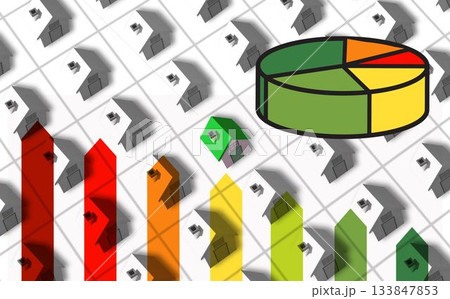 Pie charts against illustration of house Pie charts against illustration of house 133847853
