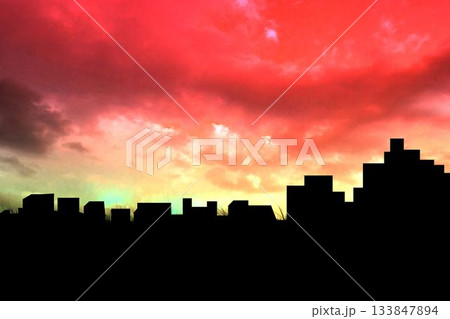 Cityscape stencil on red sky Cityscape stencil on red sky 133847894