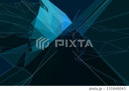 Blue 3D faceted polygonal form is hovering over dark gradient background showing wireframe network 133848043
